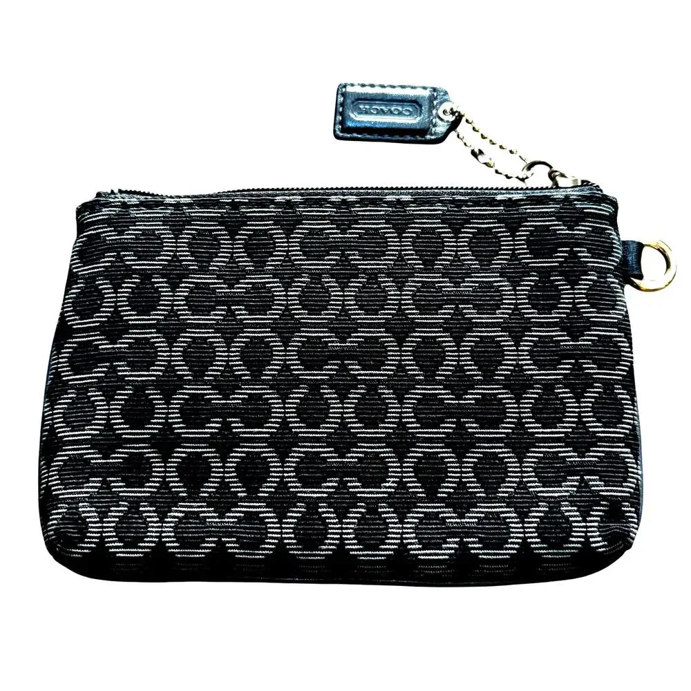 Coach black and gray mini wallet pouch zipper top signature logo print canvas